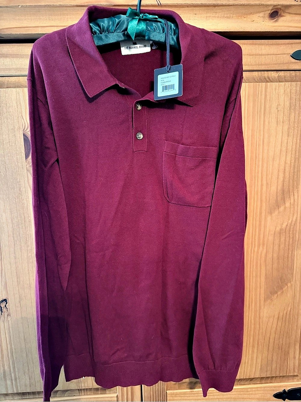 The Normal Brand Robles Knit LS Polo Cotton Polo Burgundy Size Large NWT